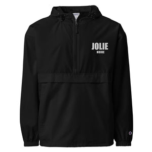 Jolie Noire Embroidered Champion Packable Jacket- Black