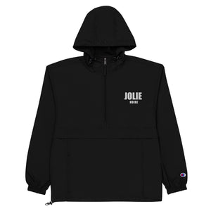 Jolie Noire Embroidered Champion Packable Jacket- Black
