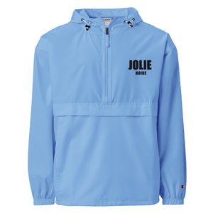 Jolie Noire Embroidered Champion Packable Jacket- Light Blue